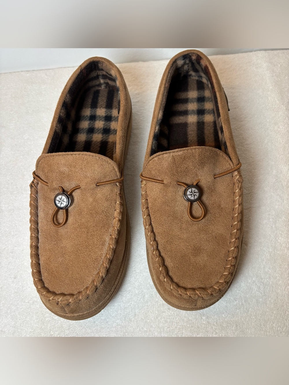 Men's Weatherproof Suede Moccasin Slippers in Brown Size 9-10